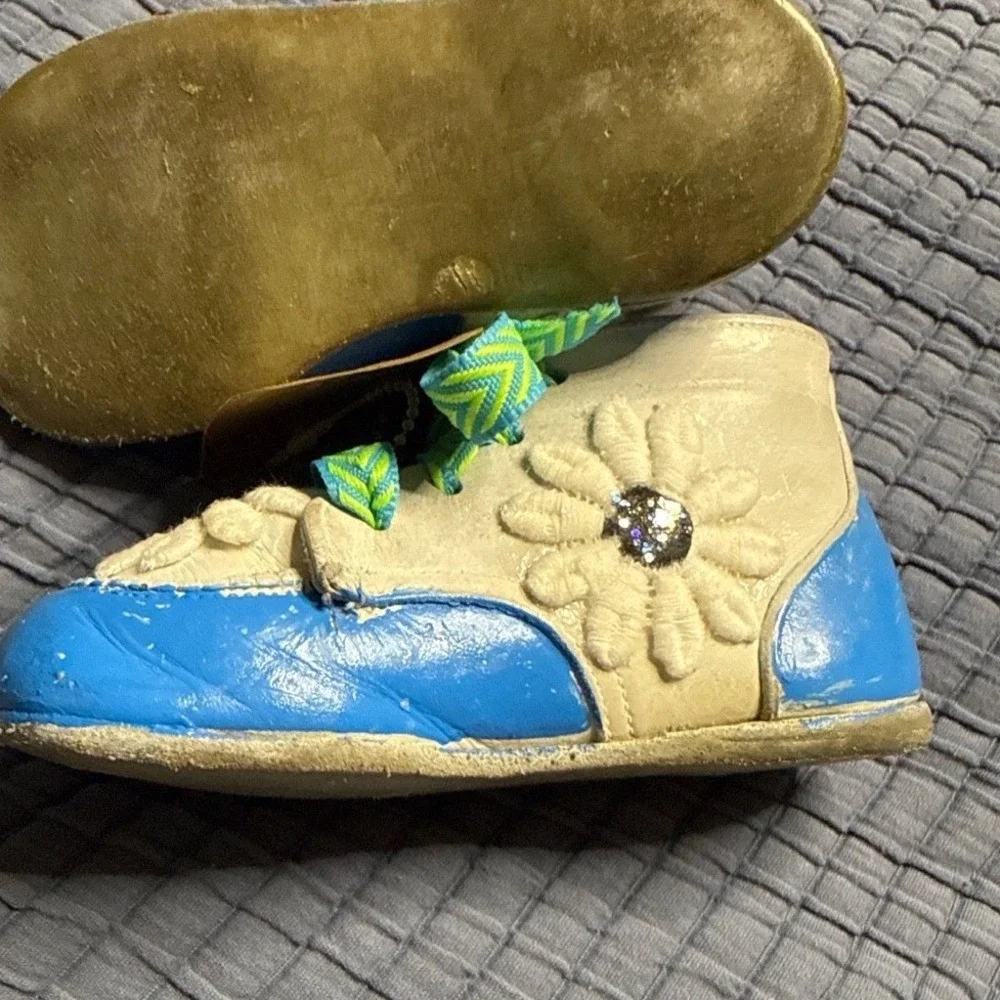 Vintage 1970s Child Life Floral Leather Toddler Boots Blue Daisy Cottagecore Sz4